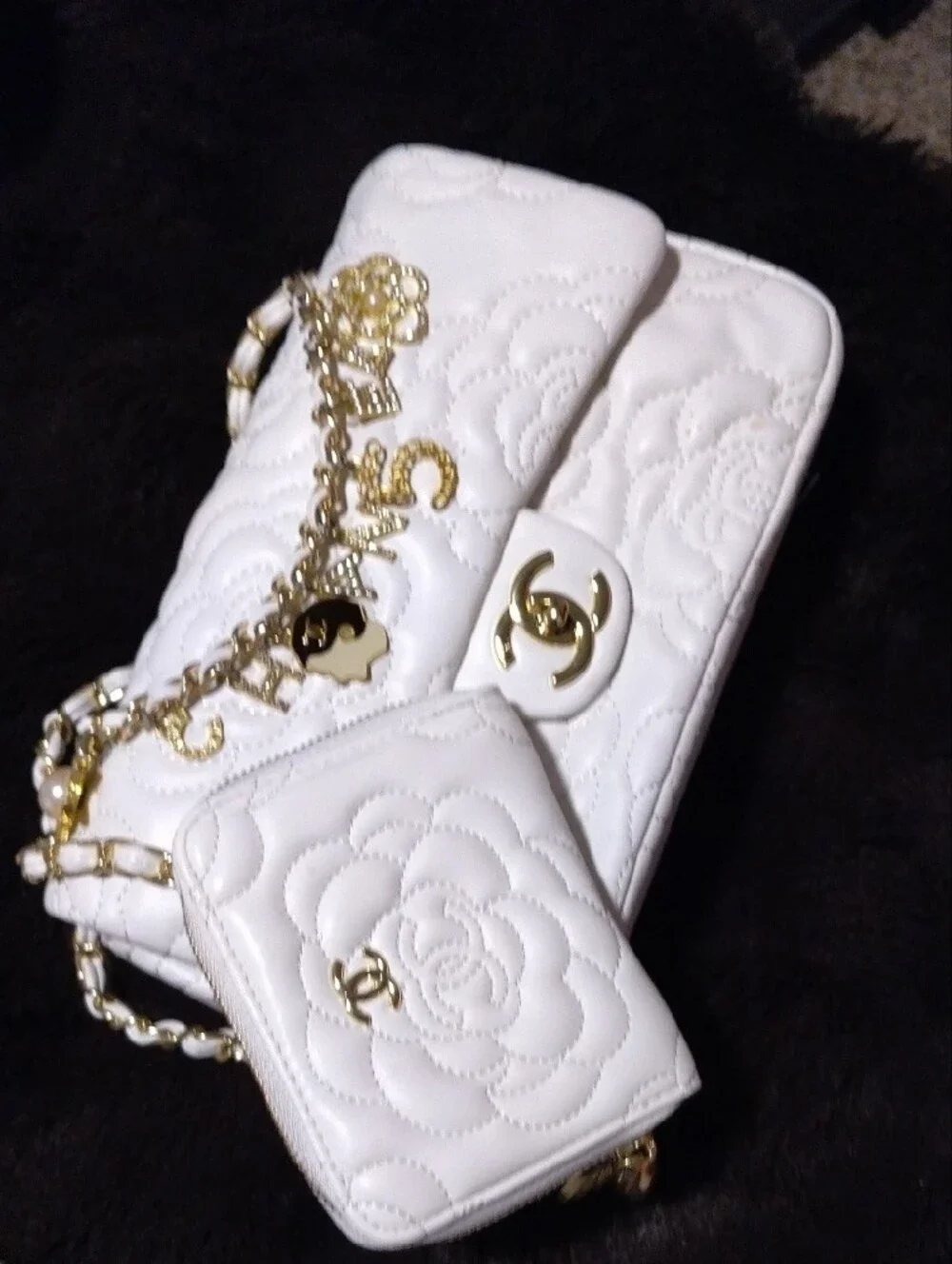 CHANEL White Quilted Camellia Charm Shoulder Bag with Gold Accents